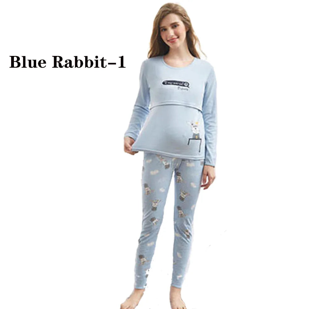 Ensemble Pyjama en Coton pour Femme – Haut d'Allaitement + Pantalon de Grossesse Réglable - le coffre a jouets- Ours rose / XXL