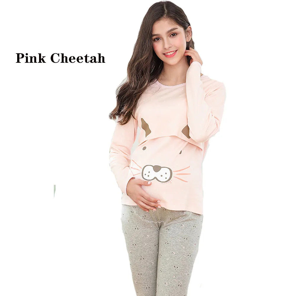 Ensemble Pyjama en Coton pour Femme – Haut d'Allaitement + Pantalon de Grossesse Réglable - le coffre a jouets- Guépard rose / XXL