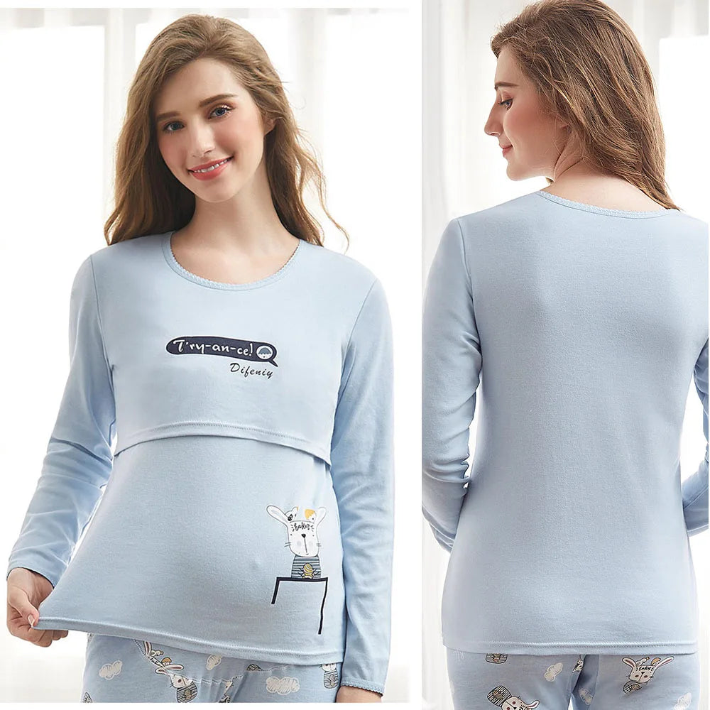 Ensemble Pyjama en Coton pour Femme – Haut d'Allaitement + Pantalon de Grossesse Réglable - le coffre a jouets- Ours rose / XXL