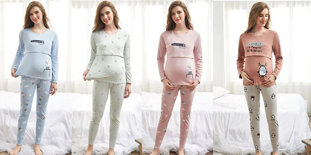 Ensemble Pyjama en Coton pour Femme – Haut d'Allaitement + Pantalon de Grossesse Réglable - le coffre a jouets- Ours rose / XXL