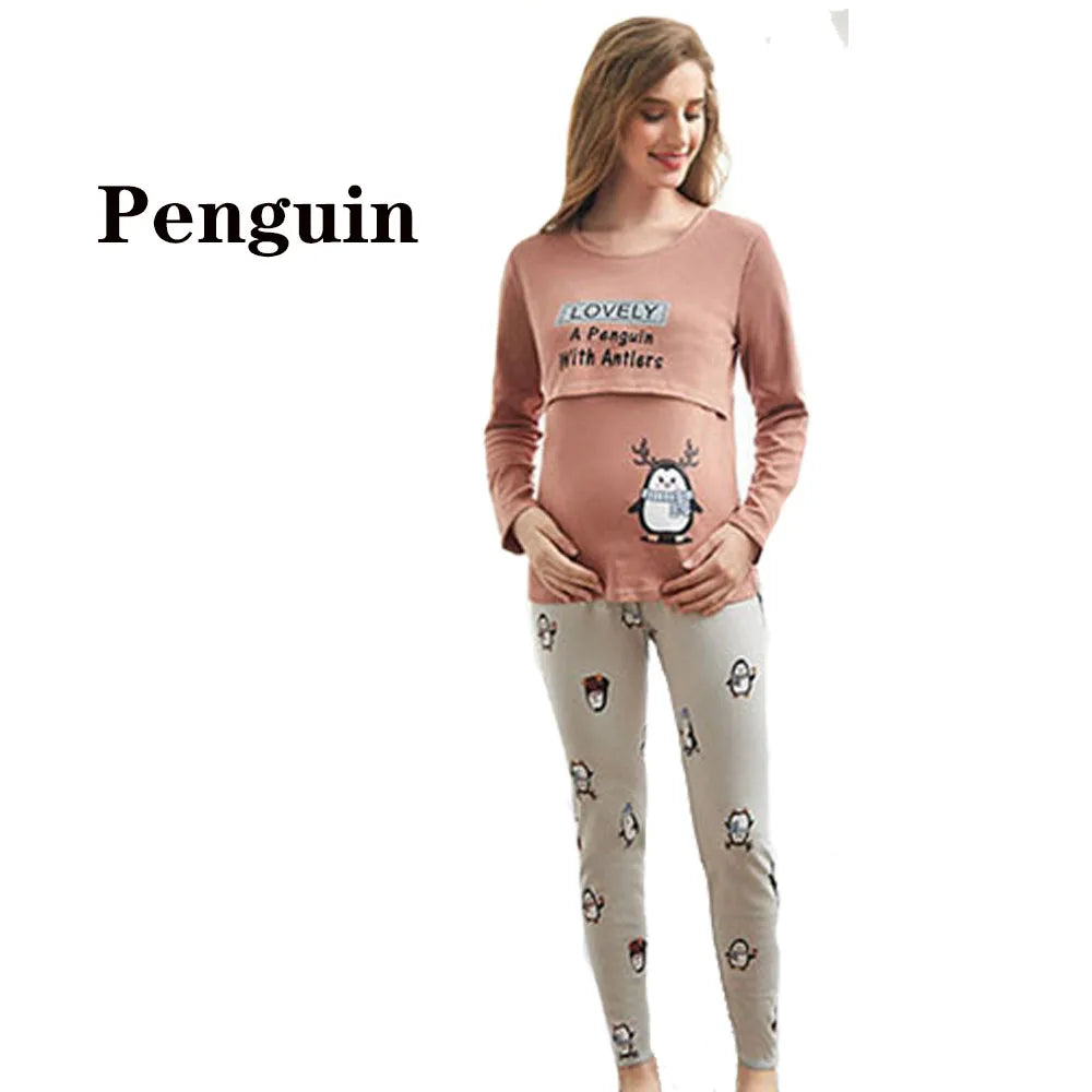 Ensemble Pyjama en Coton pour Femme – Haut d'Allaitement + Pantalon de Grossesse Réglable - le coffre a jouets- Ours rose / XXL