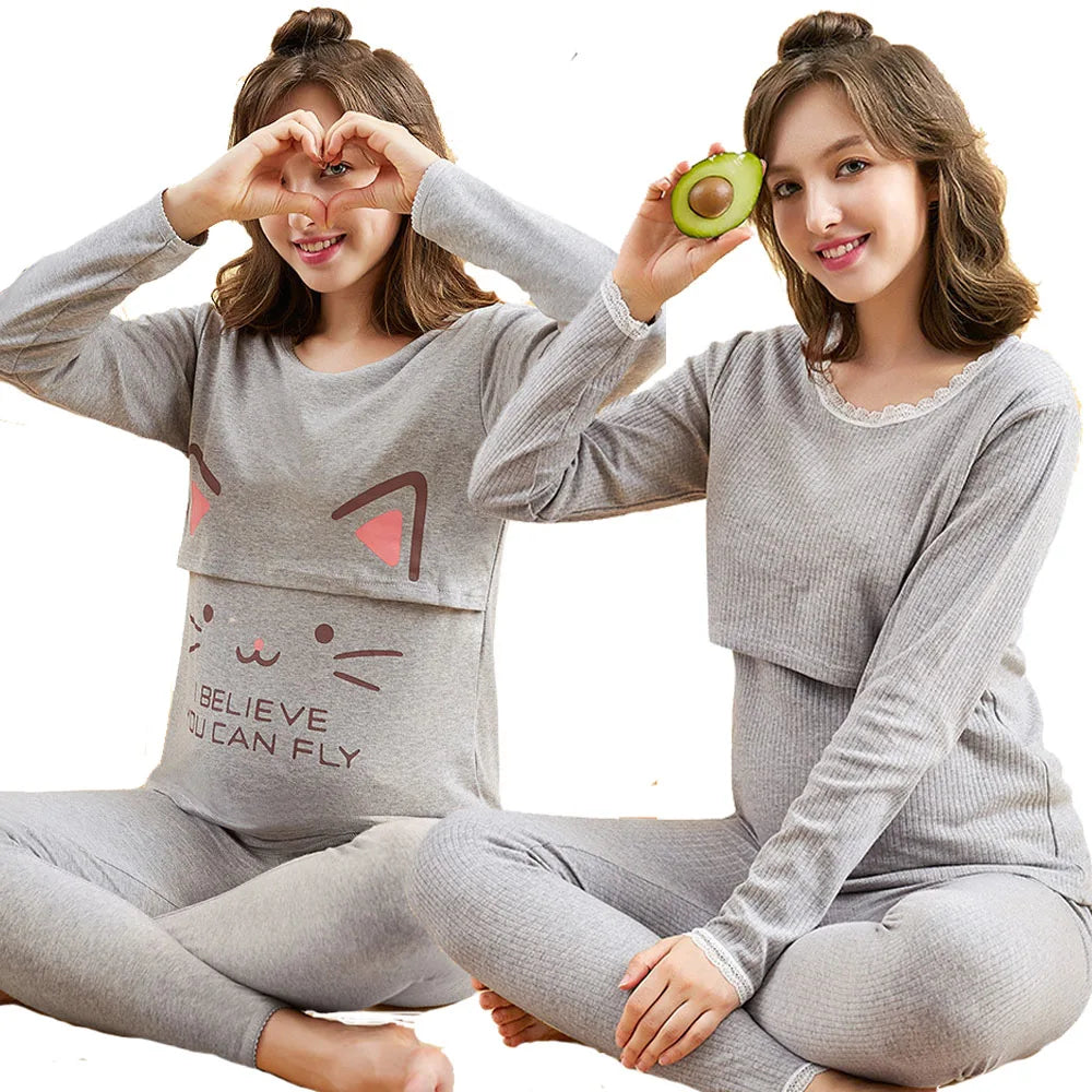Ensemble Pyjama en Coton pour Femme – Haut d'Allaitement + Pantalon de Grossesse Réglable - le coffre a jouets- Ours rose / XXL