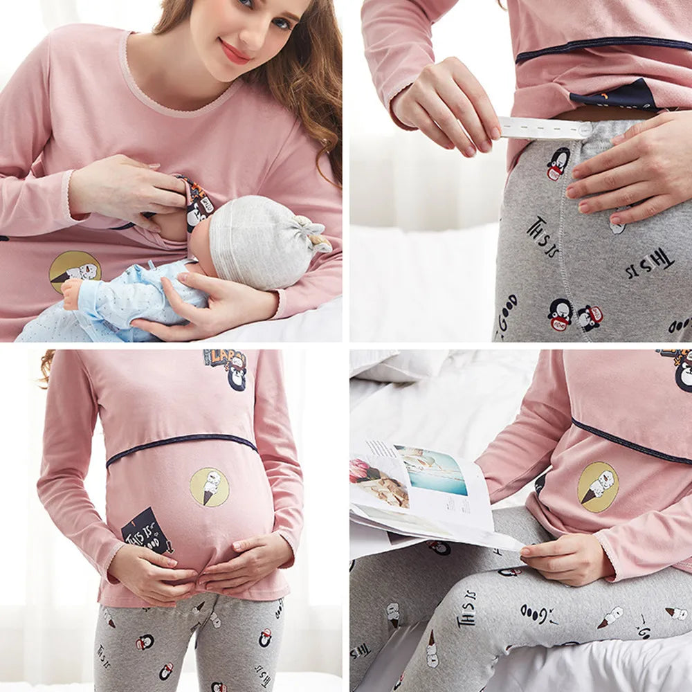Ensemble Pyjama en Coton pour Femme – Haut d'Allaitement + Pantalon de Grossesse Réglable - le coffre a jouets- Ours rose / XXL