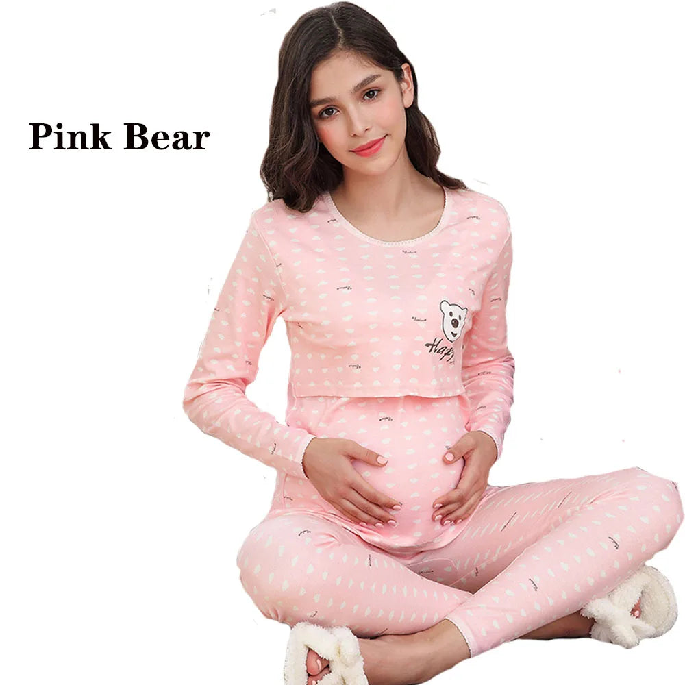 Ensemble Pyjama en Coton pour Femme – Haut d'Allaitement + Pantalon de Grossesse Réglable - le coffre a jouets- Ours rose / XXL