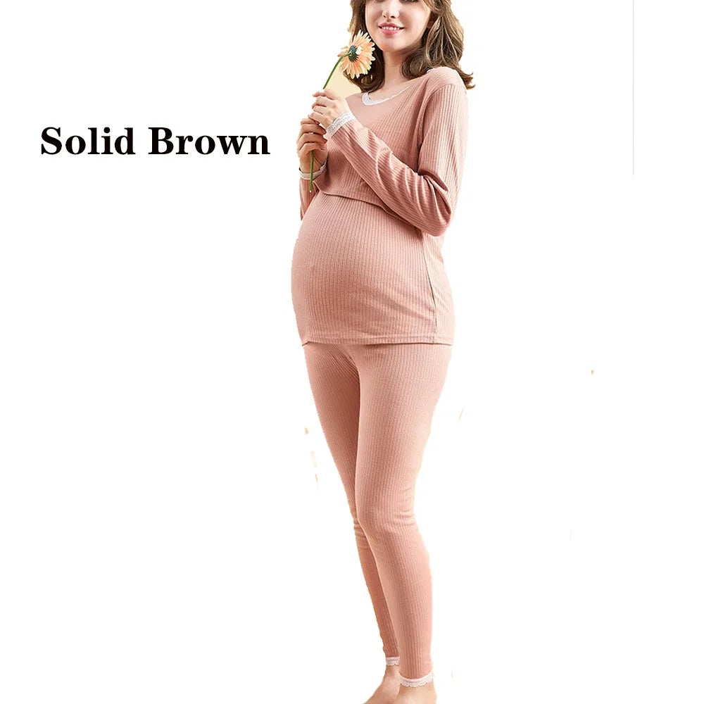 Ensemble Pyjama en Coton pour Femme – Haut d'Allaitement + Pantalon de Grossesse Réglable - le coffre a jouets- Brun solide / XXL