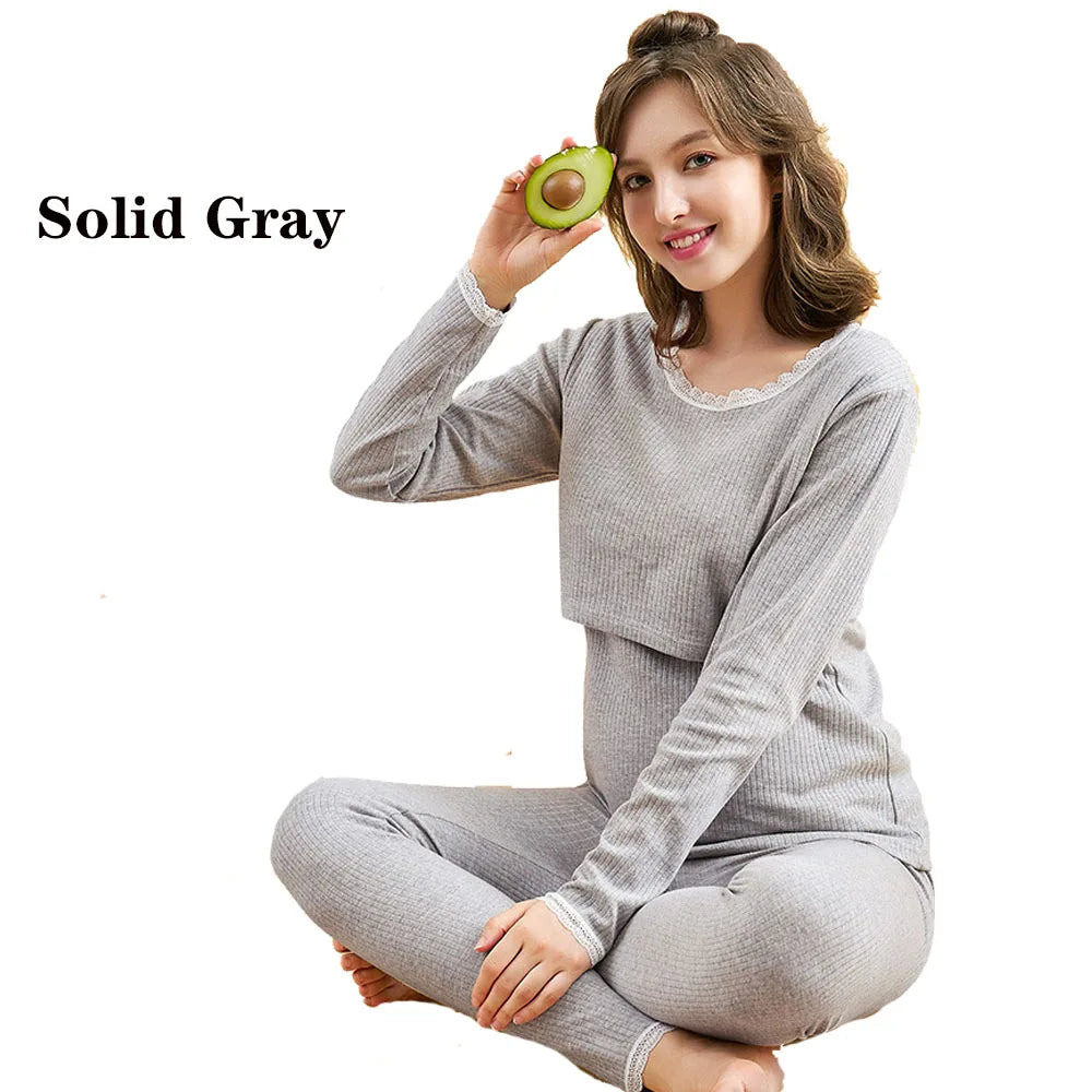Ensemble Pyjama en Coton pour Femme – Haut d'Allaitement + Pantalon de Grossesse Réglable - le coffre a jouets- Gris uni / XXL