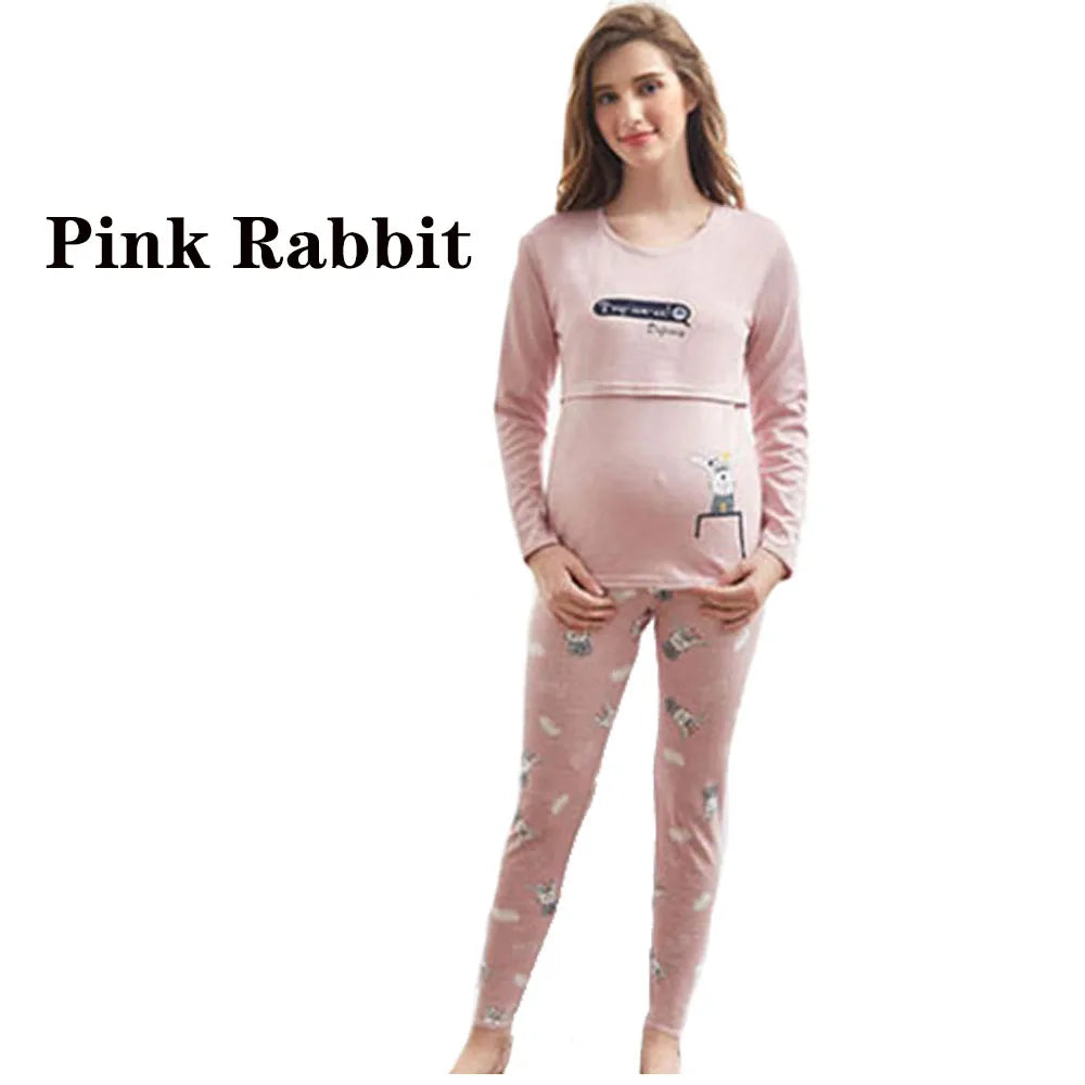Ensemble Pyjama en Coton pour Femme – Haut d'Allaitement + Pantalon de Grossesse Réglable - le coffre a jouets- Ours rose / XXL