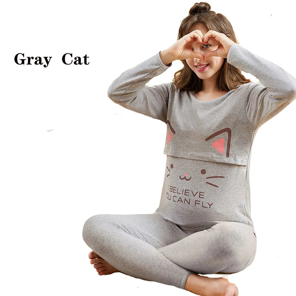 Ensemble Pyjama en Coton pour Femme – Haut d'Allaitement + Pantalon de Grossesse Réglable - le coffre a jouets- Chat gris / XXL