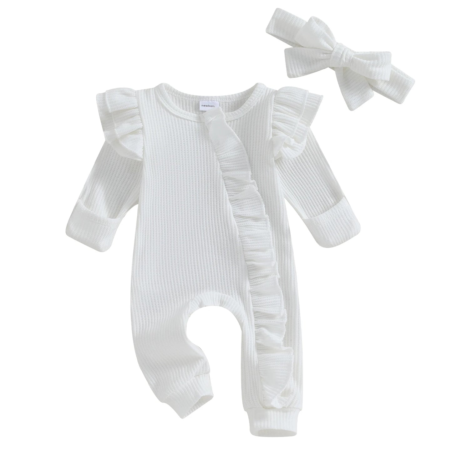 Pudcoco-Barboteuse à glissière à volants avec nœud pour bébé fille - le coffre a jouets- Blanc / 6M