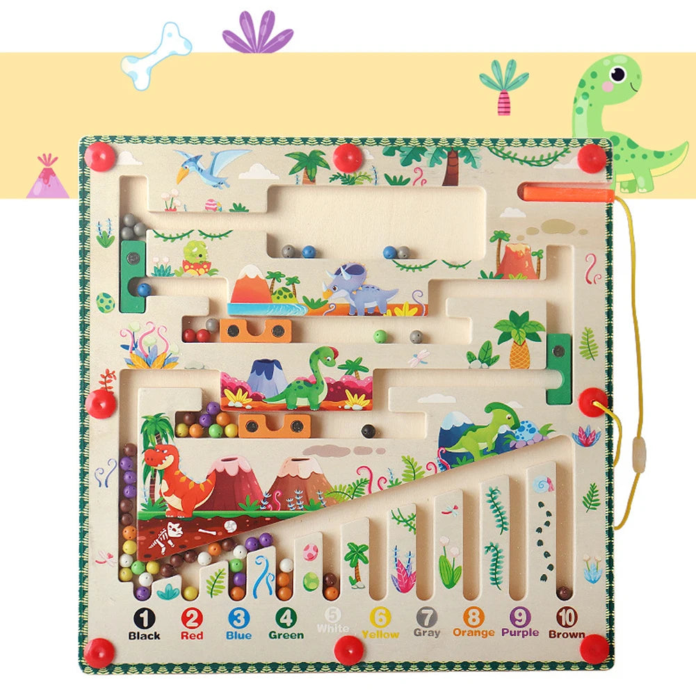 Labyrinthe Magnétique en Bois avec Numéros - Jouet Éducatif Montessori - le coffre a jouets- Style dinosaure