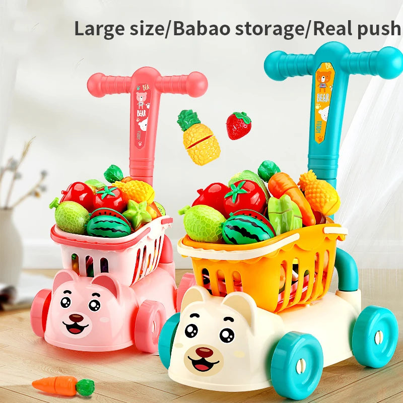 Chariot de supermarché pour enfants, jouet de chariot pour bébé, coupe de fruits, simulation de maison heureuse, cadeau d'anniversaire pour garçon et fille, cuisine - le coffre a jouets- Vert