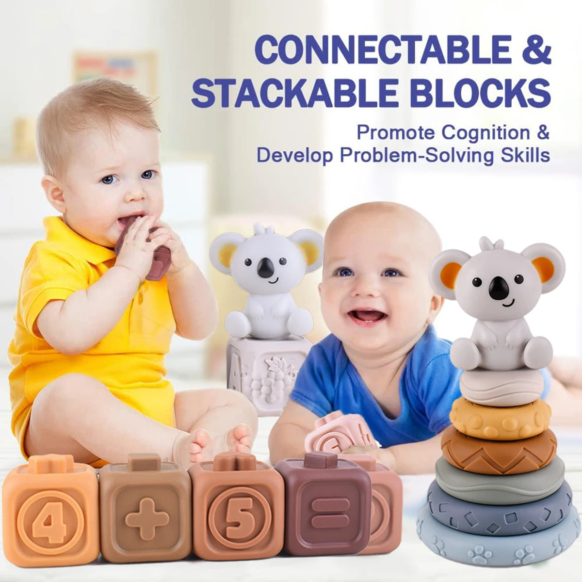 Décennies de construction en silicone pour bébés - Jouets Montessori - le coffre a jouets- Cube 6pcs