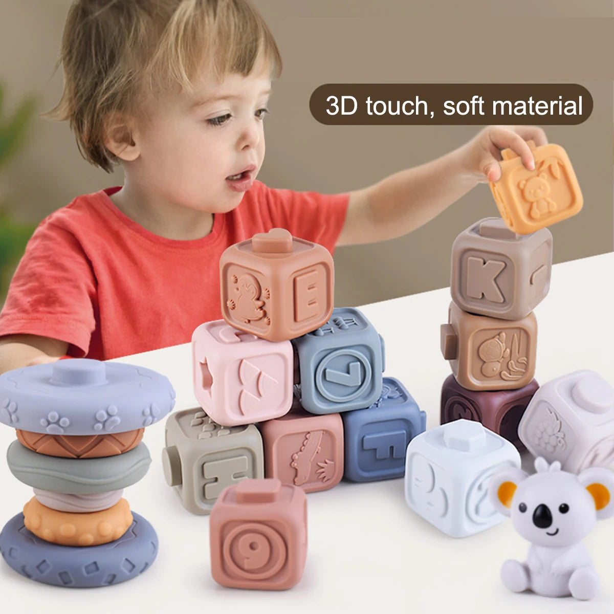 Décennies de construction en silicone pour bébés - Jouets Montessori - le coffre a jouets- Cube 6pcs
