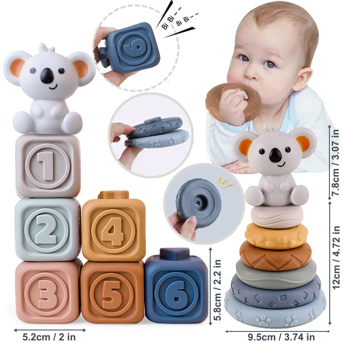Décennies de construction en silicone pour bébés - Jouets Montessori - le coffre a jouets- Cube 6pcs