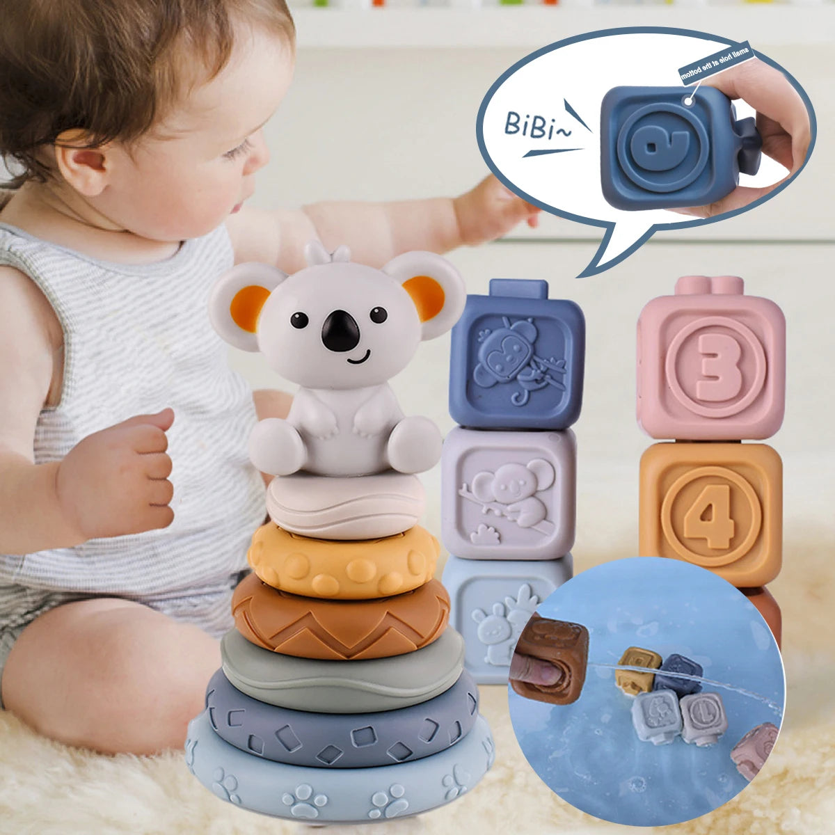 Décennies de construction en silicone pour bébés - Jouets Montessori - le coffre a jouets- Cube 6pcs