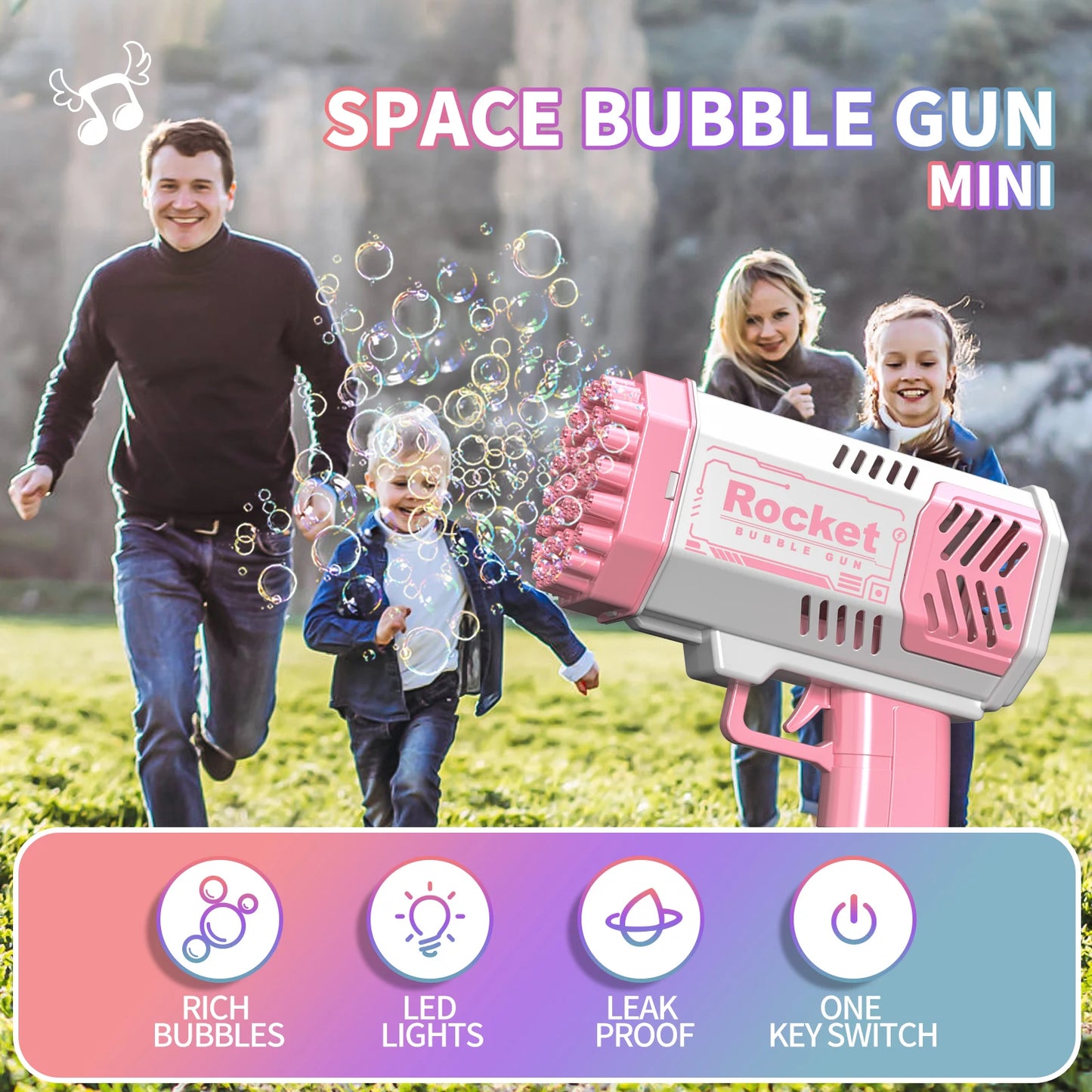 Pistolet à bulles électrique automatique portable avec lumière LED pour garçons et filles, un paquet de lance-roquettes à 40 trous pour enfants, déterminer
