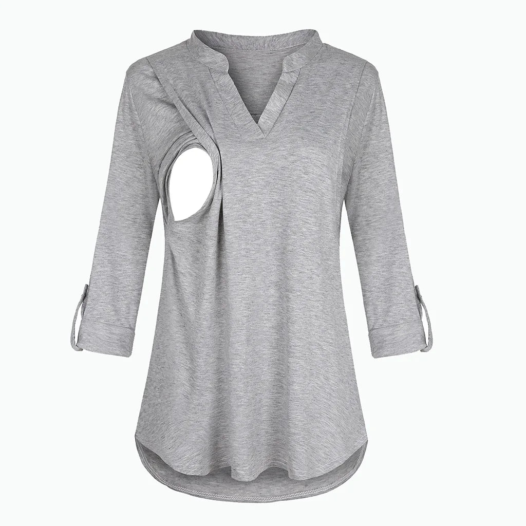 T-shirt d'Allaitement à Manches sulfet Col en V pour Femme Enceinte, Vêtement en Y Solide