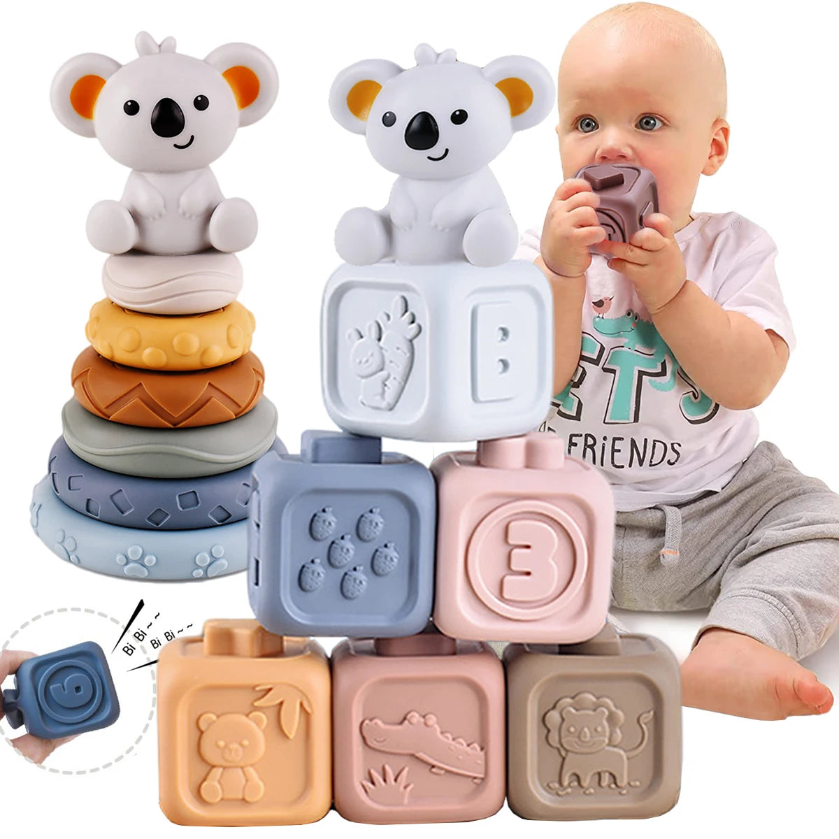 Décennies de construction en silicone pour bébés - Jouets Montessori - le coffre a jouets- Cube 6pcs