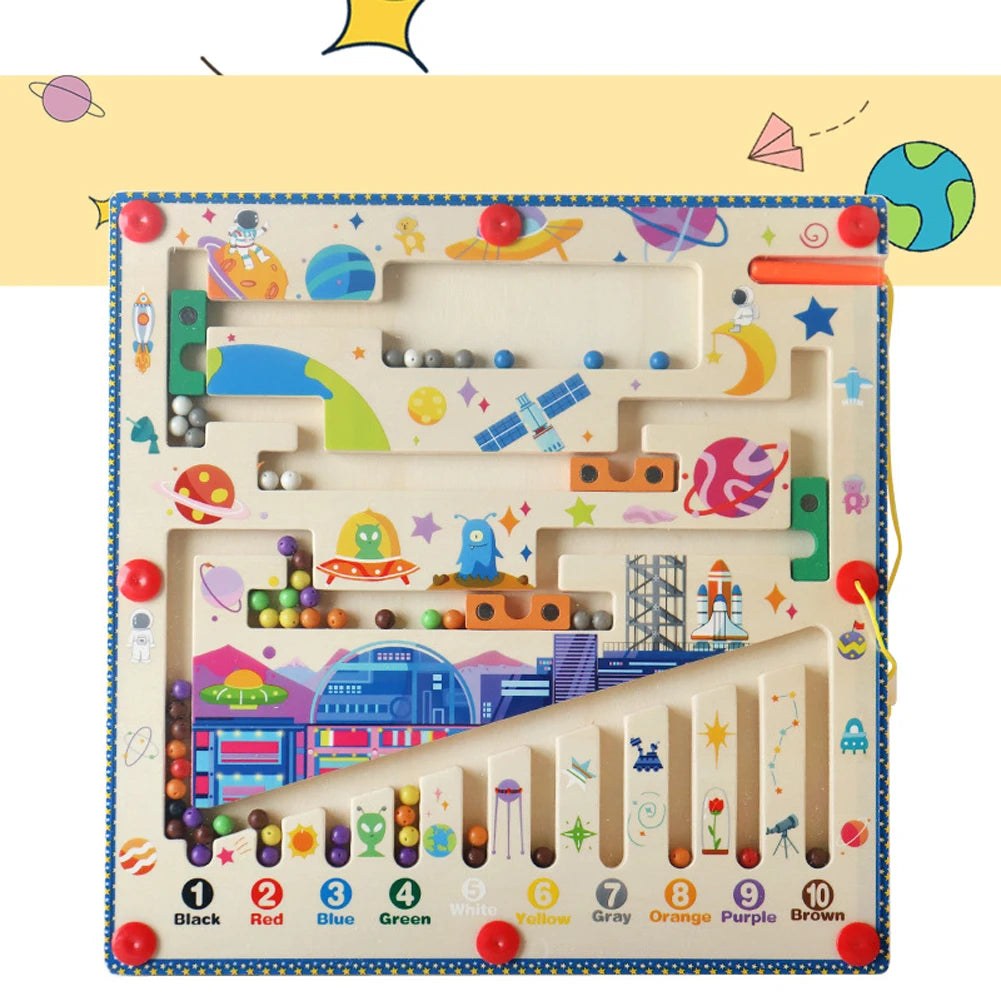 Labyrinthe Magnétique en Bois avec Numéros - Jouet Éducatif Montessori - le coffre a jouets- Style spatial