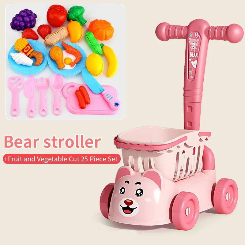 Chariot de supermarché pour enfants, jouet de chariot pour bébé, coupe de fruits, simulation de maison heureuse, cadeau d'anniversaire pour garçon et fille, cuisine - le coffre a jouets- Rose