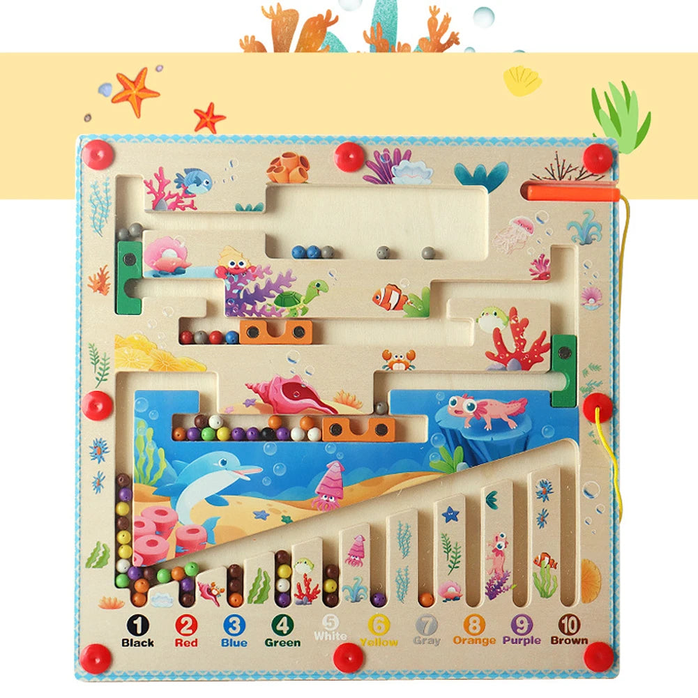 Labyrinthe Magnétique en Bois avec Numéros - Jouet Éducatif Montessori - le coffre a jouets- Style océanique