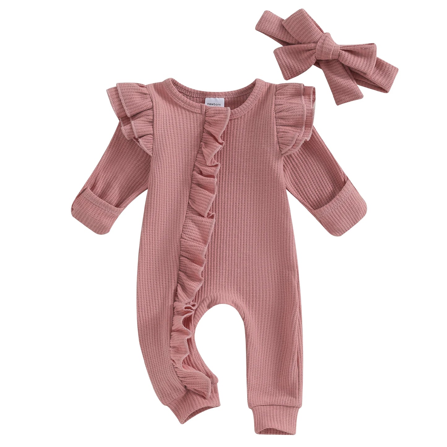 Pudcoco-Barboteuse à glissière à volants avec nœud pour bébé fille - le coffre a jouets- Rose / Nouveau-né