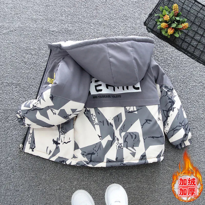 Veste épaisse à capuche avec fermeture éclair pour garçon - le coffre a jouets- Gris Blanc / 2T(90)