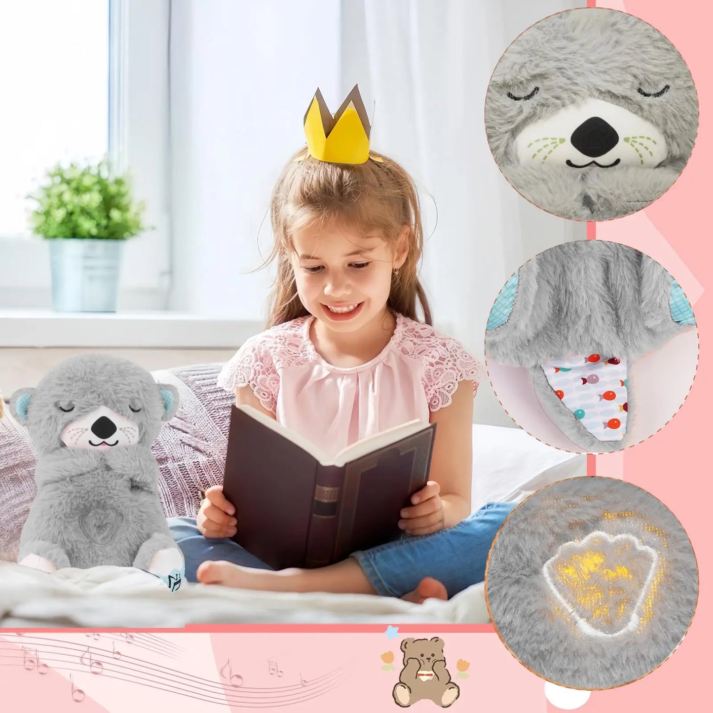 Jouet Apaisant en Peluche pour Bébé - Ours Respirant avec Musique, Lumières et Sons | Compagnon de Sommeil Doux - le coffre a jouets- Loutre pourpre / 30CM