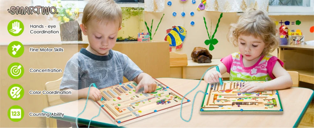 Labyrinthe Magnétique en Bois avec Numéros - Jouet Éducatif Montessori - le coffre a jouets- Style océanique