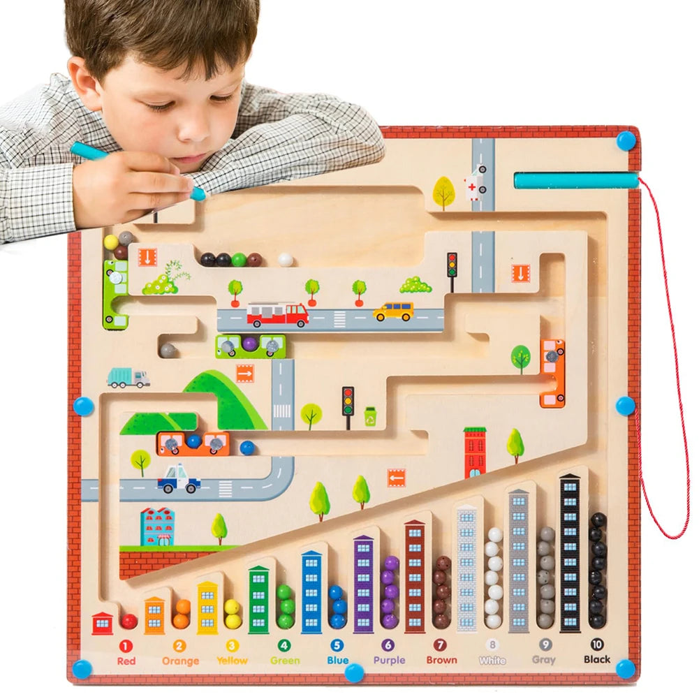 Labyrinthe Magnétique en Bois avec Numéros - Jouet Éducatif Montessori - le coffre a jouets- Style océanique