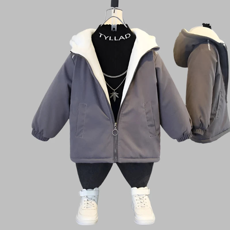 Veste d'Hiver Épaisse à Capuche avec Fermeture Éclair pour Garçon - le coffre a jouets- Gris foncé / 4T(110)
