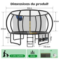 Trampoline Extérieur 12FT avec Filet de Protection 360° et Échelle Antidérapante