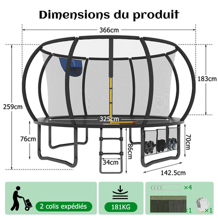 Trampoline Extérieur 12FT avec Filet de Protection 360° et Échelle Antidérapante