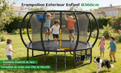 Trampoline Extérieur 12FT avec Filet de Protection 360° et Échelle Antidérapante