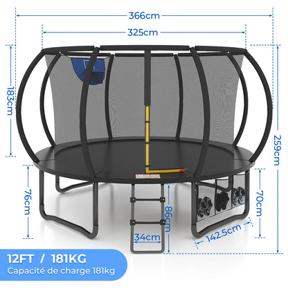 Trampoline Extérieur 12FT avec Filet de Protection 360° et Échelle Antidérapante