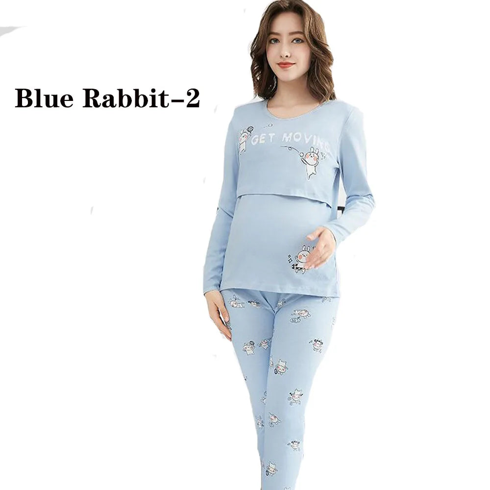 Ensemble Pyjama en Coton pour Femme – Haut d'Allaitement + Pantalon de Grossesse Réglable - le coffre a jouets- Lapin bleu / XXL