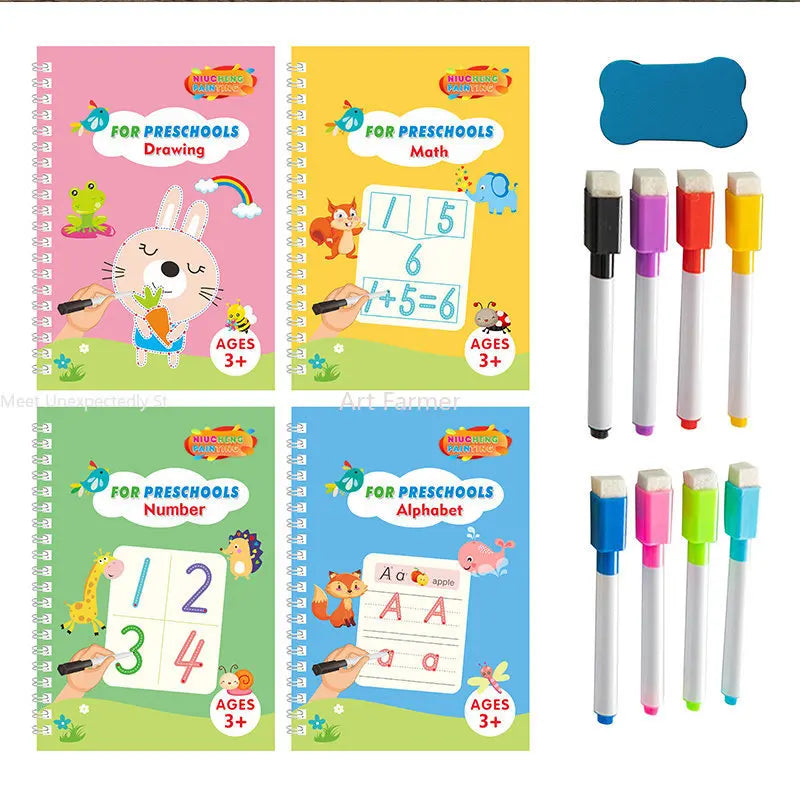 Cahier de Calligraphie Réutilisable Montessori - Kit Magique - le coffre a jouets- 4 livres avec 8 stylos