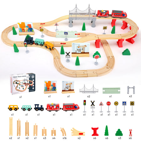 Circuit Train en Bois Rbefeuly – 72 Pièces