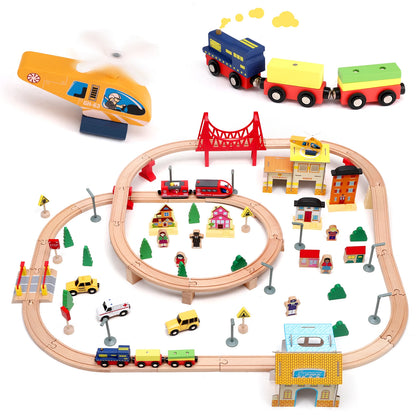 Circuit Train en Bois Rbefeuly – 72 Pièces