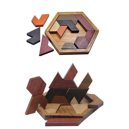Puzzle hexagonal en bois – Jeu éducatif Tangram