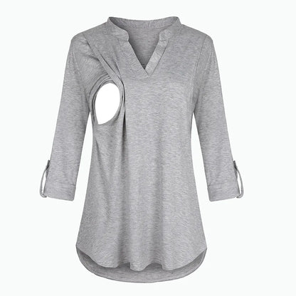 T-shirt d'Allaitement à Manches sulfet Col en V pour Femme Enceinte, Vêtement en Y Solide