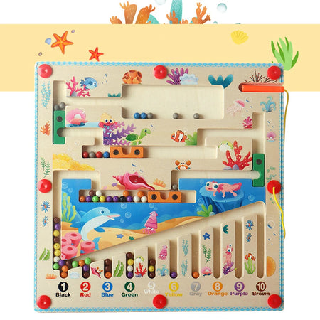 Labyrinthe Magnétique en Bois avec Numéros - Jouet Éducatif Montessori - le coffre a jouets- Style océanique
