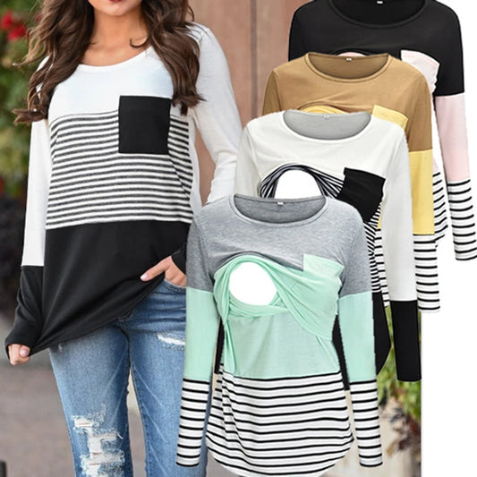 T-shirt à manches longues pour femmes enceintes, chemise d'allaitement, chemise d'allaitement, couture de document, mode décontractée