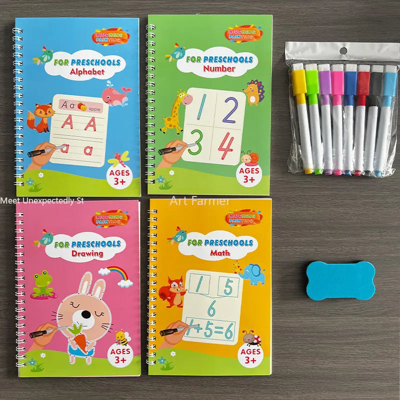 Cahier de Calligraphie Réutilisable Montessori - Kit Magique - le coffre a jouets- 4 livres avec 8 stylos