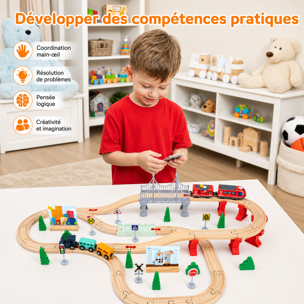 Circuit Train en Bois Rbefeuly – 72 Pièces