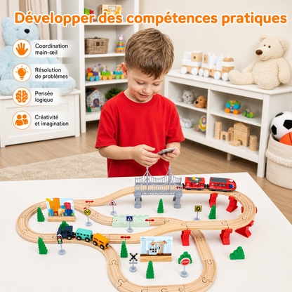 Circuit Train en Bois Rbefeuly – 72 Pièces
