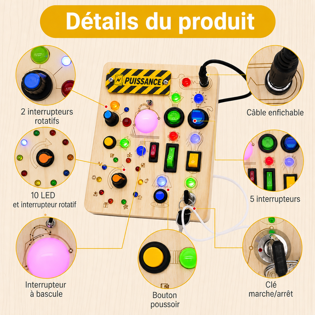Planche occupée Montessori LED - Jouet éducatif & sensoriel en bois